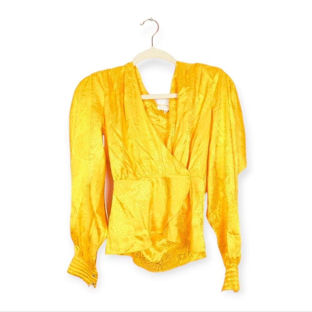 Ronny Kobo Lorrie Blouse XS Golden Puff Sleeve Statement Satin NWT